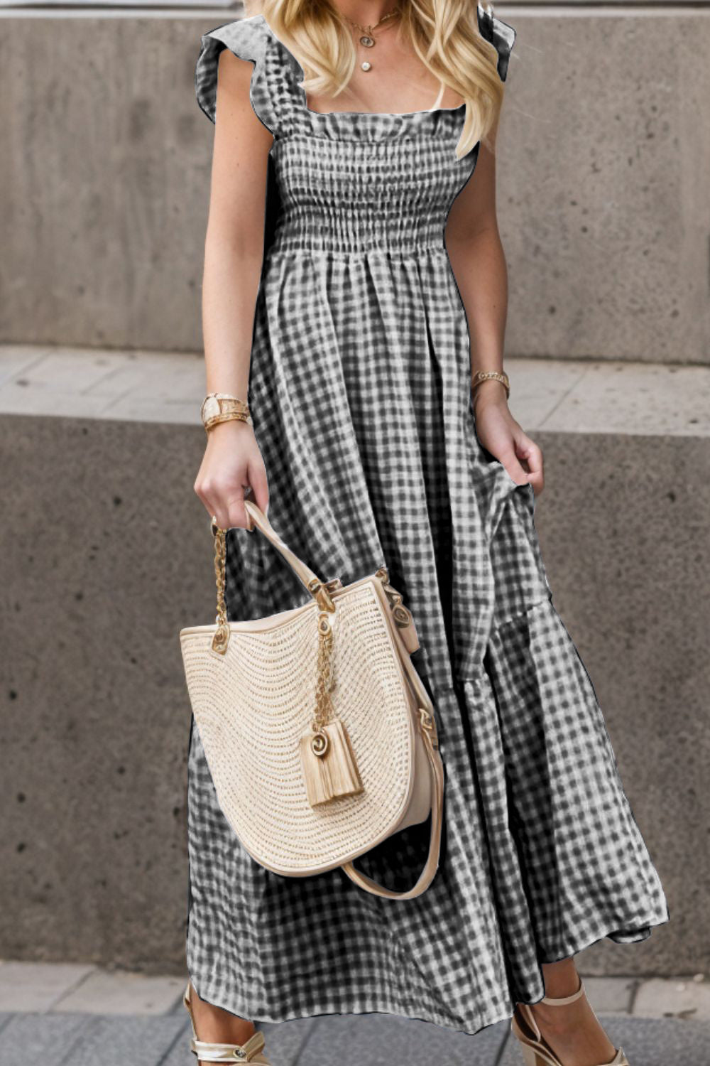 Stilla | Str. Smocked Ruffled Plaid Ruffle Hem Kjole