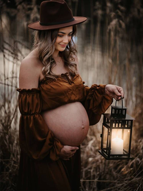 Stilla | Marrone 2 in 1 Boemia Rynker Snore Skuldre Ude Maxi Fotografisk Maternity Kjoler