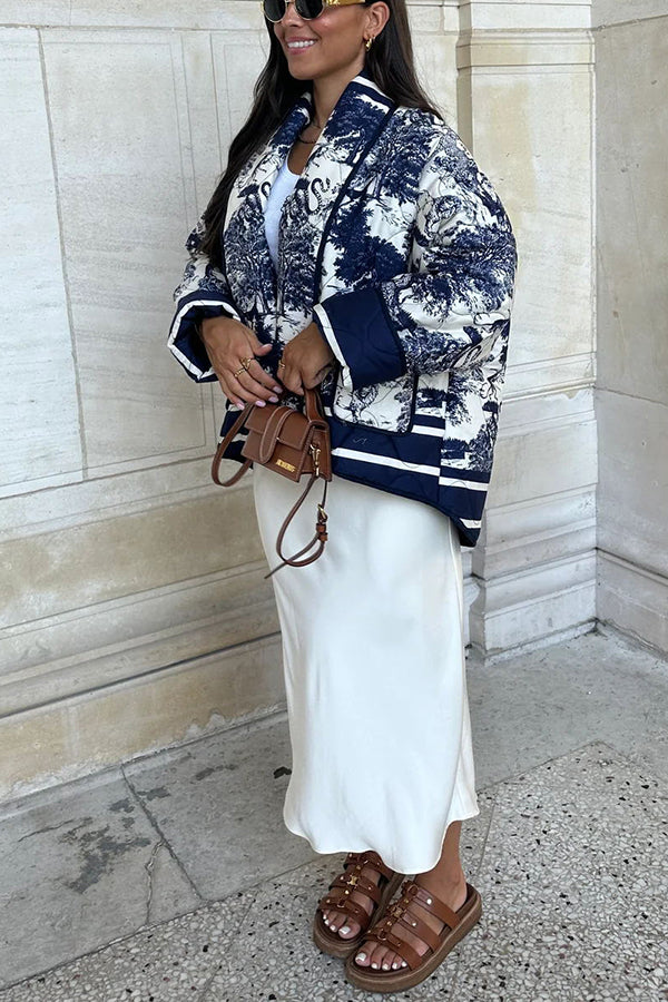 Stilla | Songs Porcelæns Tinte Trykt Taske Stoppet Bomulds Kimono Jakke