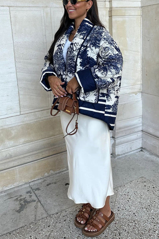 Stilla | Songs Porcelæns Tinte Trykt Taske Stoppet Bomulds Kimono Jakke