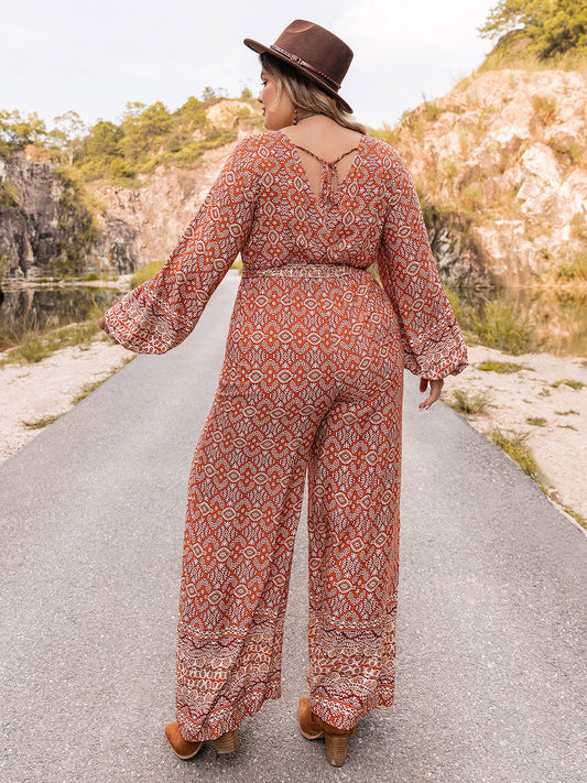 Stilla | Størrelse Trykt V-hals Binde Front Ballon Ærme Jumpsuit