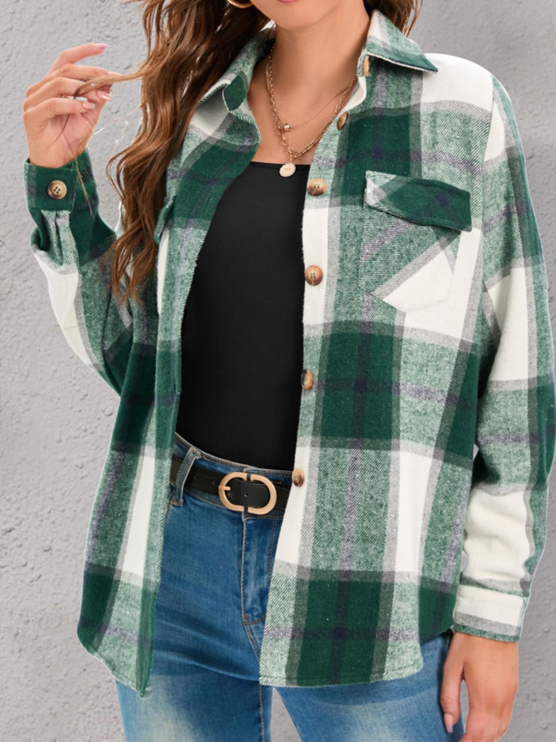 Stilla | Plus Size Pocketed Plaid Collet Hals Shacket