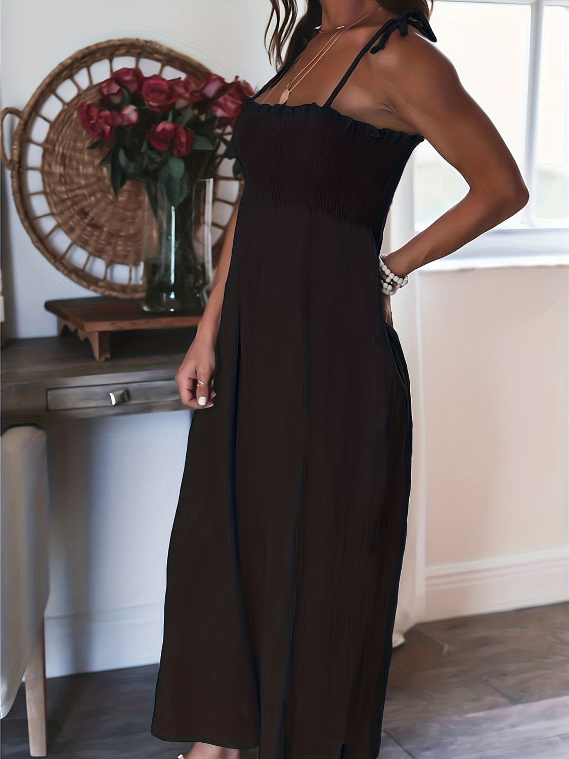 Stilla | Størrelse Smocket Spaghetti Strap Bred Ben Jumpsuit