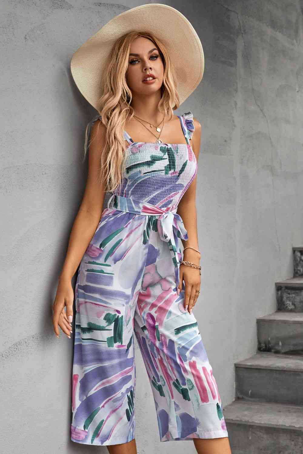 Stilla | Ruffle Strap Smocked Belted Jumpsuit