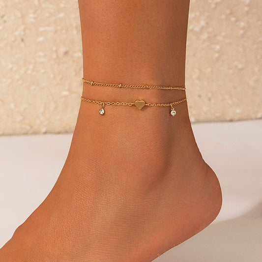 Sart 2Pcs Rhinestone Hjerte Charm Saturn Kæde Anklet Sæt