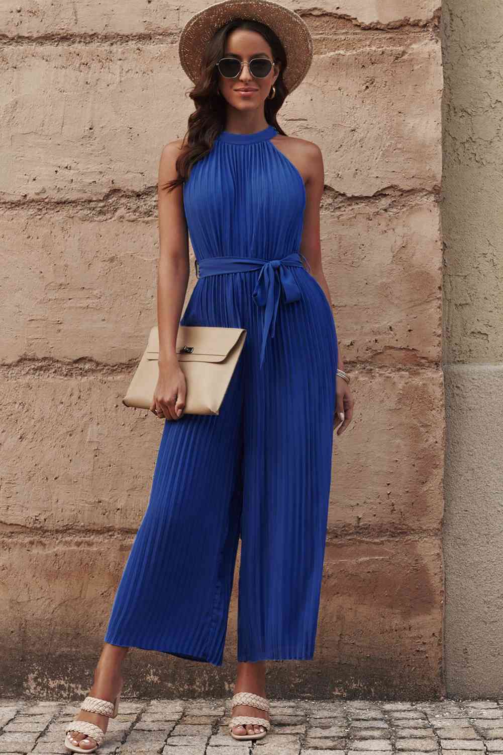 Stilla | Plisseret Bælte Græsk Hals ærmeløs Jumpsuit