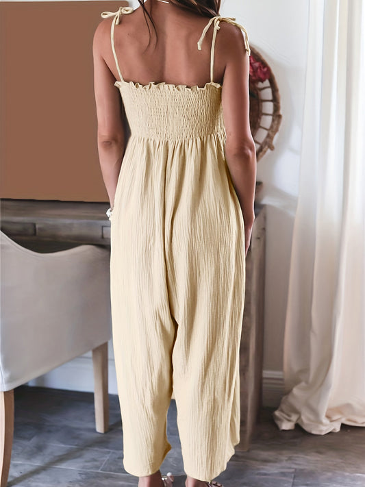 Stilla | Størrelse Smocket Spaghetti Strap Bred Ben Jumpsuit
