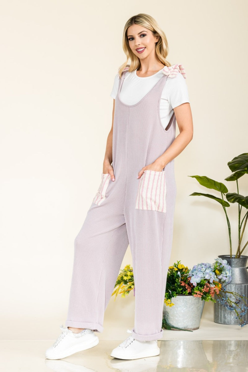 Stilla | Full Size Stripe Contrast Pocket Rib Jumpsuit