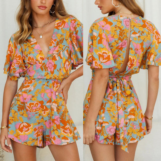 Stilla | Læder Jumpsuit med florale mønstre til kvinder, udskæring, korte ærmer, floralt mønster