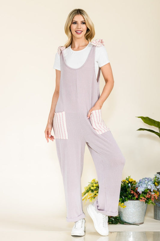Stilla | Full Size Stripe Contrast Pocket Rib Jumpsuit
