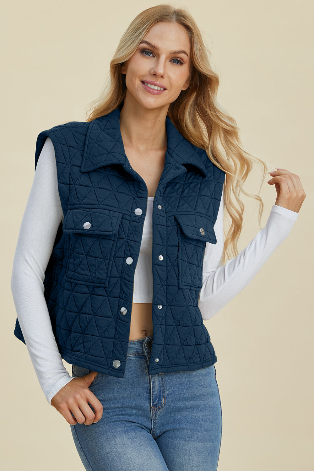 Stilla | Tag Full Size Pocketed Texture Snap Down Vest Frakke