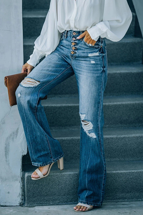 Stilla | Marcos Høj Talje Distressed Knap 90's Flare Denim