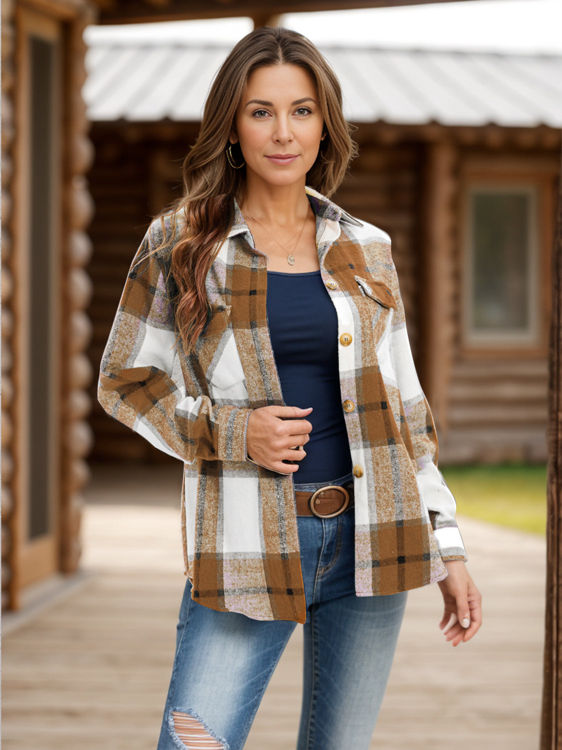 Stilla | Plus Size Pocketed Plaid Collet Hals Shacket