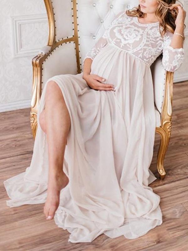 Stilla | Lang Chiffon Blonde Gravide Kjole Til Baby Shower Rund Hals Langærmet Elegante Brudekjole