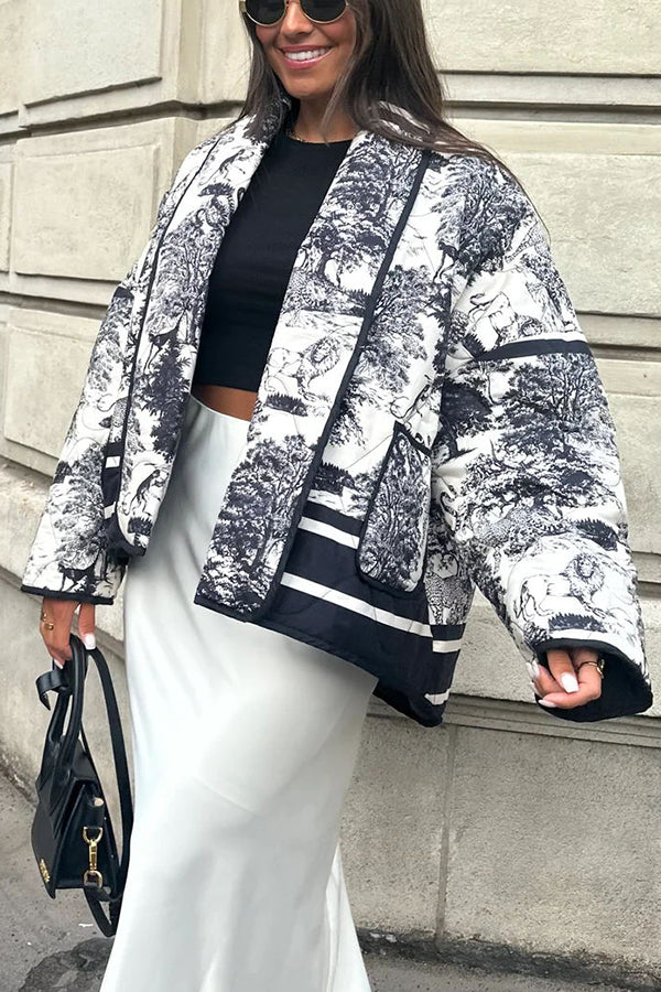 Stilla | Songs Porcelæns Tinte Trykt Taske Stoppet Bomulds Kimono Jakke