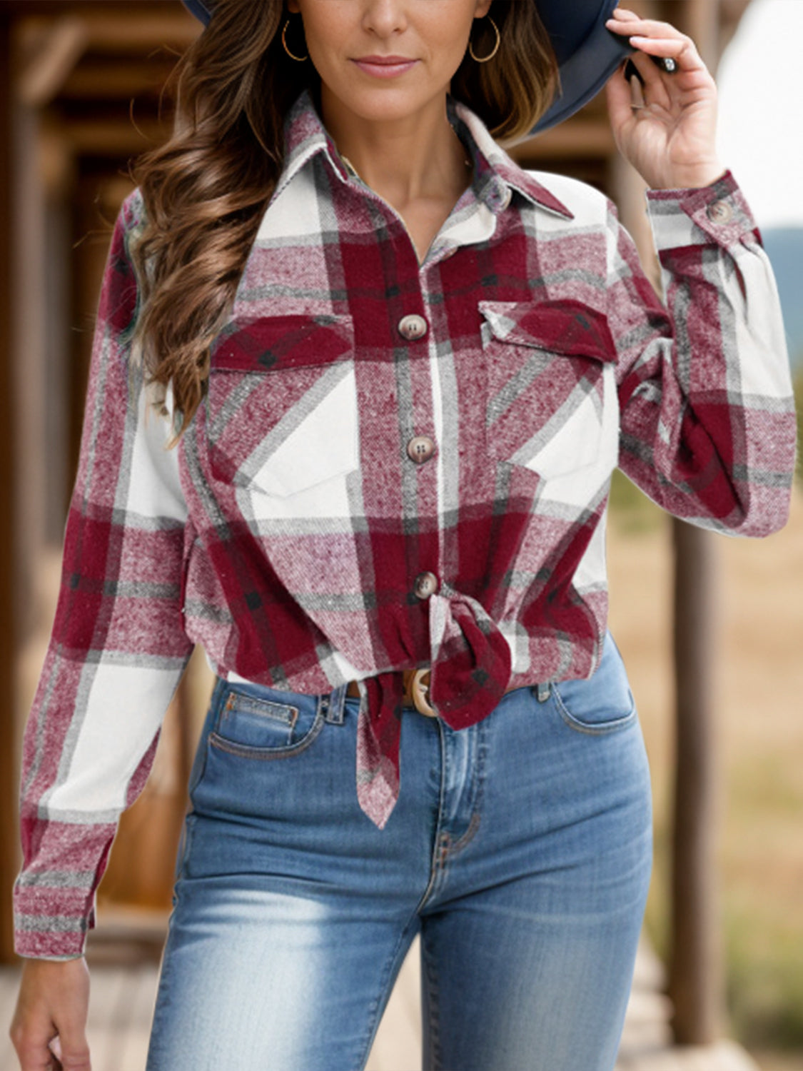 Stilla | Plus Size Pocketed Plaid Collet Hals Shacket