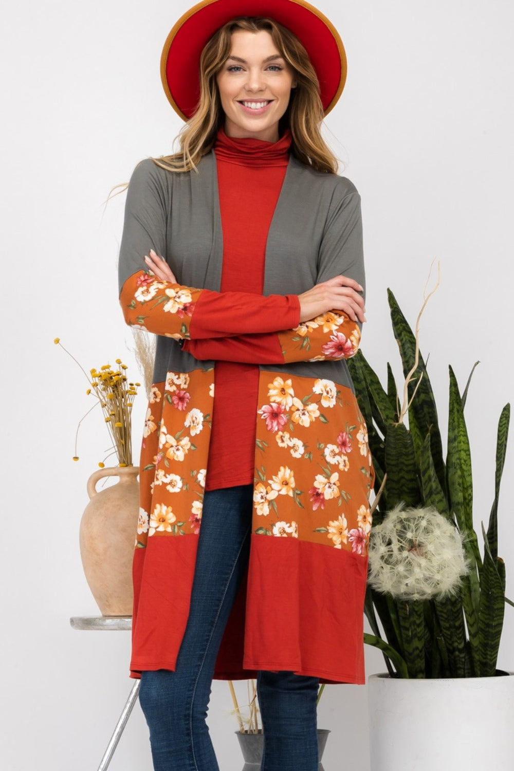 Stilla | Full Size Floral Color Block Åben Front Cardigan