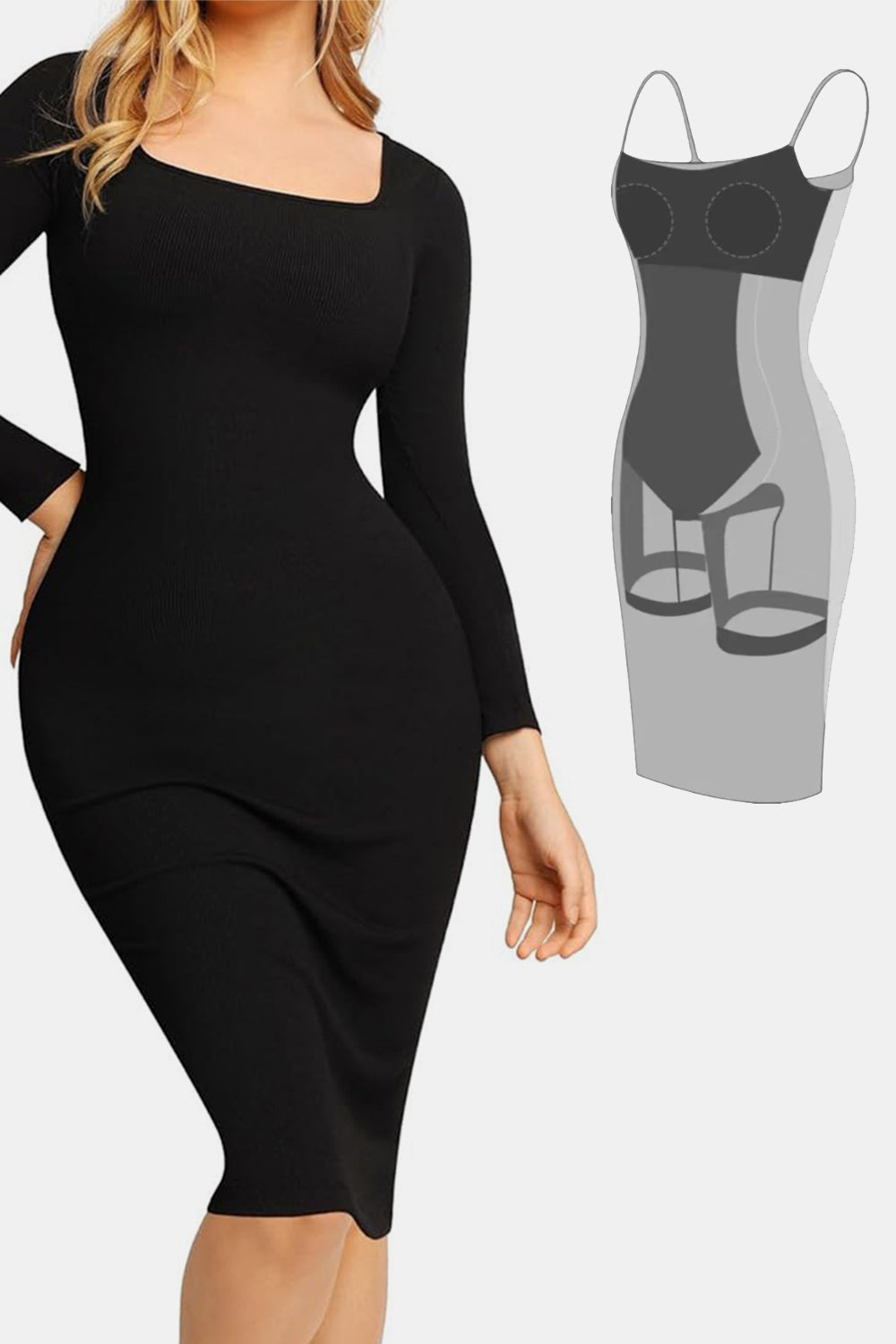 Stilla | Bae Full Size Indbygget Shapewear Square Neck Langærmet Kjole