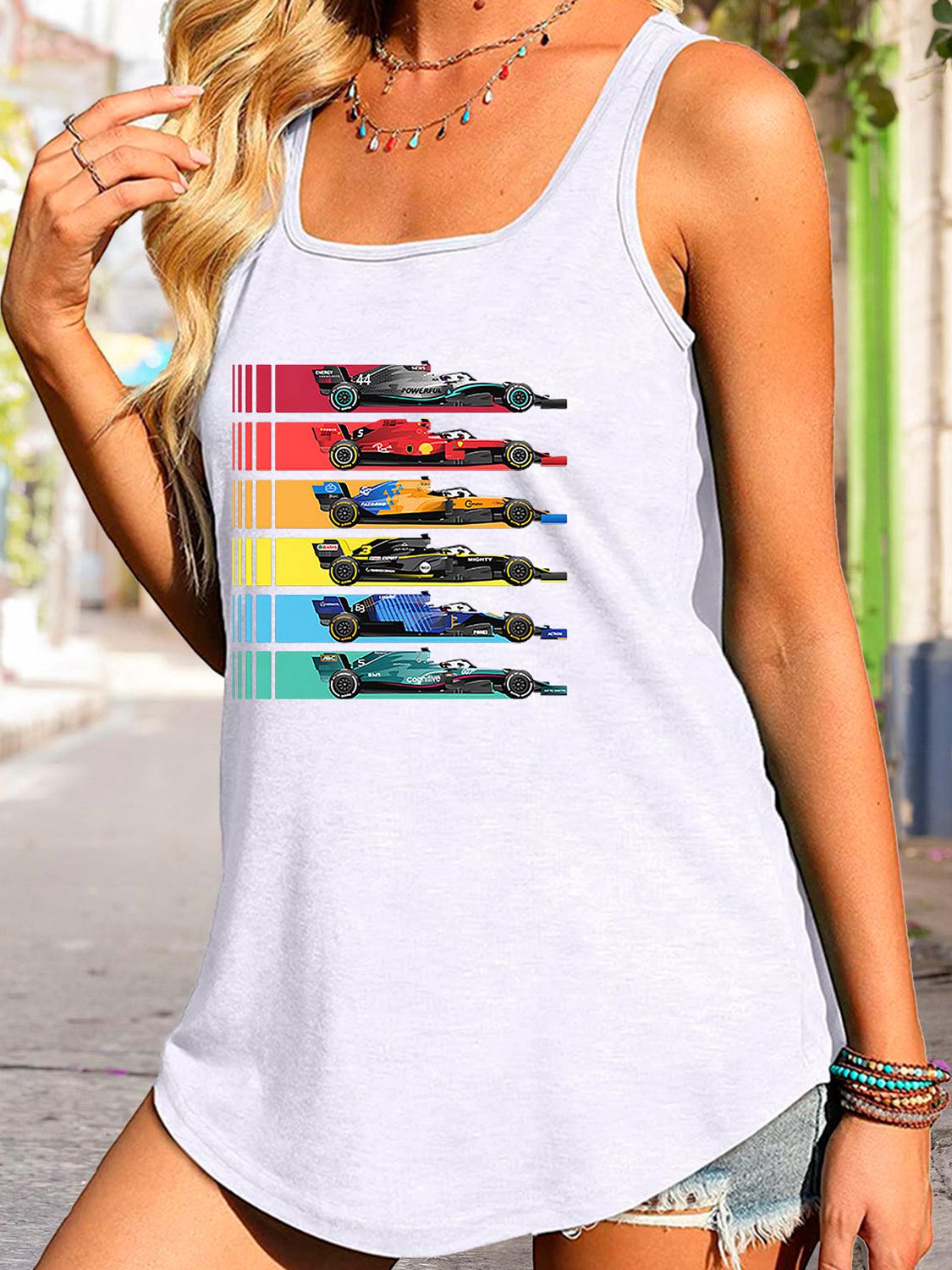Stilla | Neck Race Car Graphic Tank Top