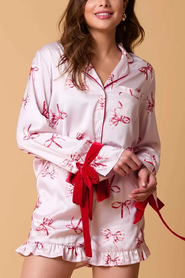 Stilla | Jul Mode Trykt Slips Top og Elastisk Talje Rynkede Shorts Sæt