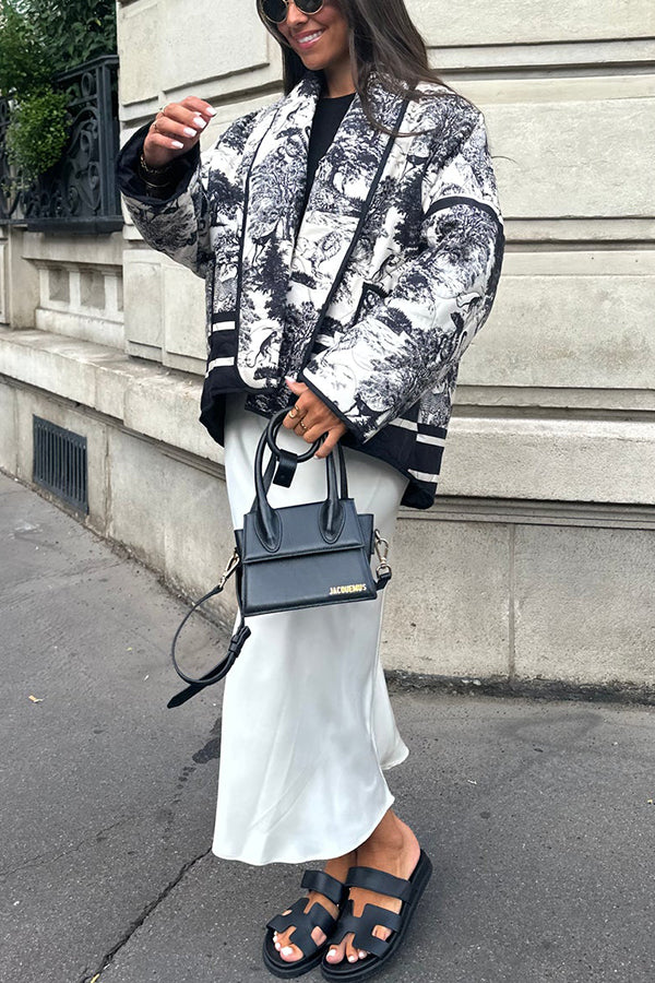 Stilla | Songs Porcelæns Tinte Trykt Taske Stoppet Bomulds Kimono Jakke