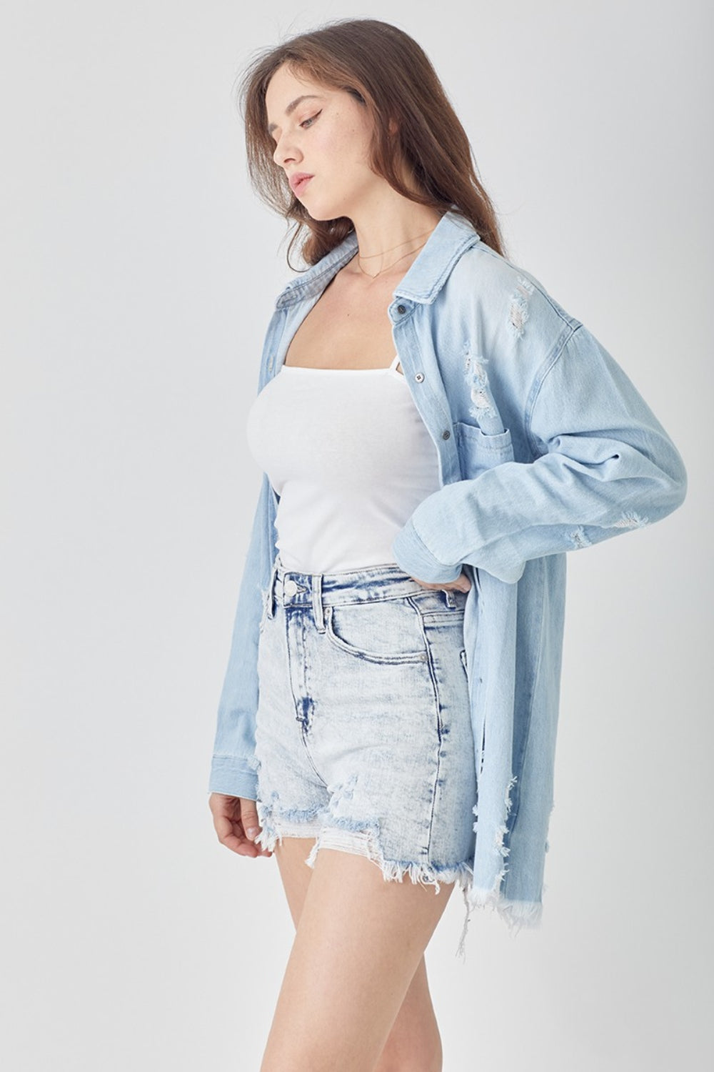 Stilla | Raw Hem Distressed High Rise Denim Shorts