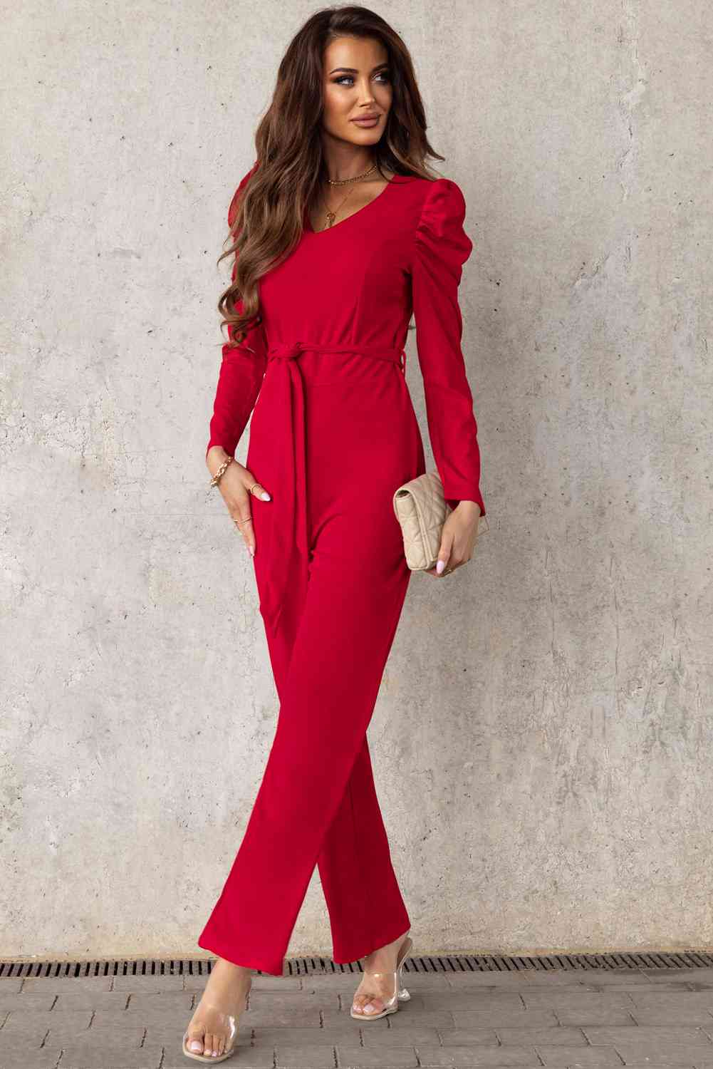 Stilla | Lang Puff Ærme V-hals Jumpsuit