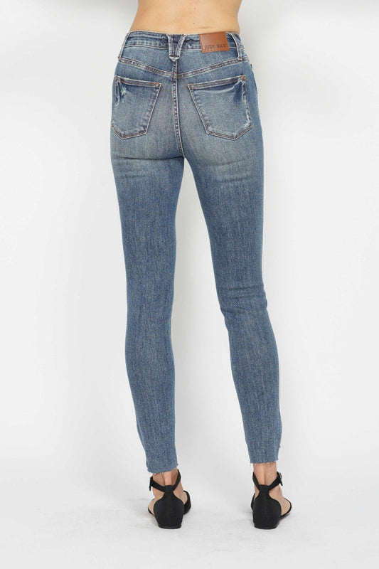 Stilla | Blå Full Size Tummy Control Vintage Wash Hem Destroy Skinny Jeans