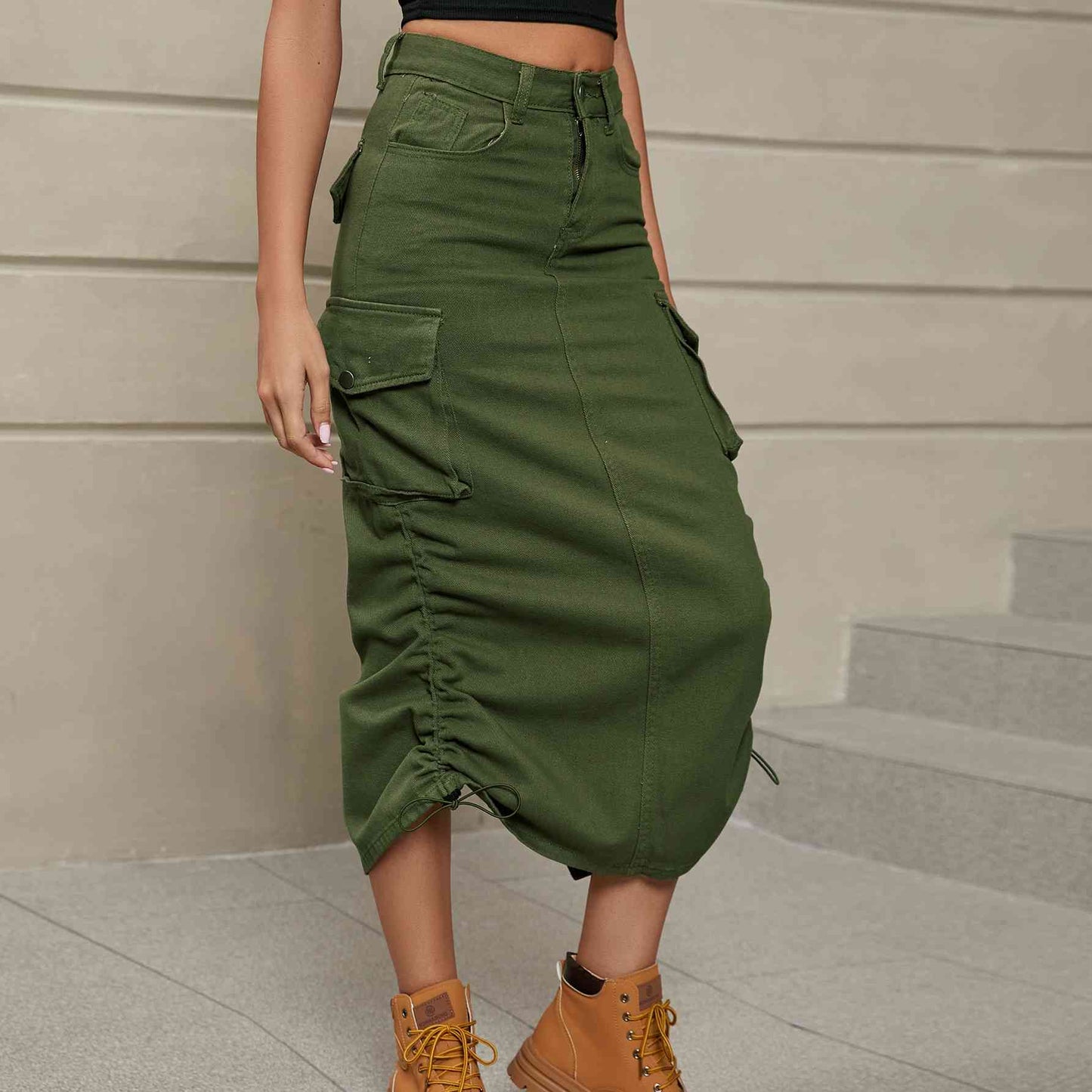 Stilla | Rynket Slids Denim Midi Nederdel