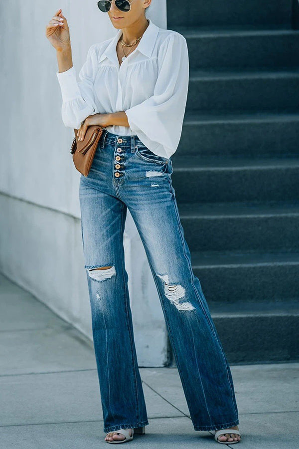 Stilla | Marcos Høj Talje Distressed Knap 90's Flare Denim