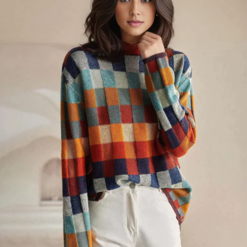 Stilla | Farverig Rullekravetrøje Med Patchwork-Mønster