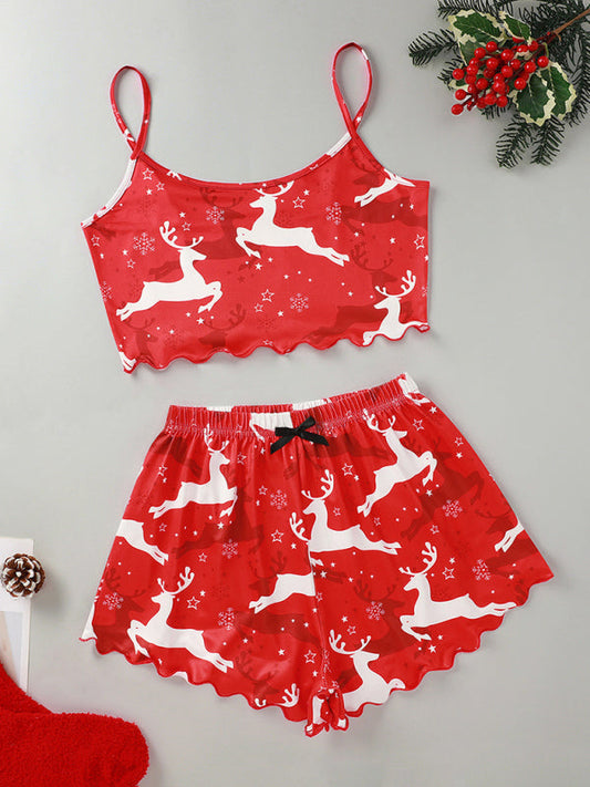 Stilla | Santa Claus Elk Print Uden Ærmer Shorts Simple Casual to Del Hjemmesko