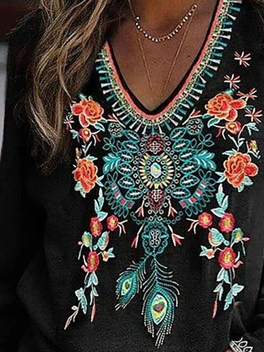 Stilla | Dame T-shirt Blomster Print V-hals Lange Ærme T-shirt