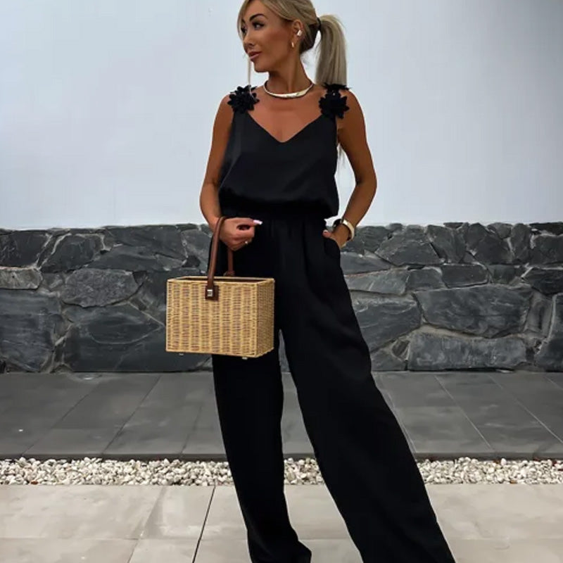 Stilla | Jumpsuit Med Brede Ben og Blomstrede Skuldre
