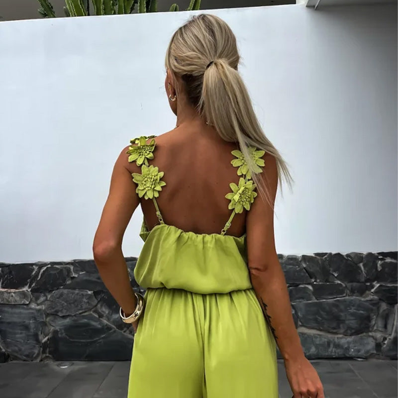 Stilla | Jumpsuit Med Brede Ben og Blomstrede Skuldre
