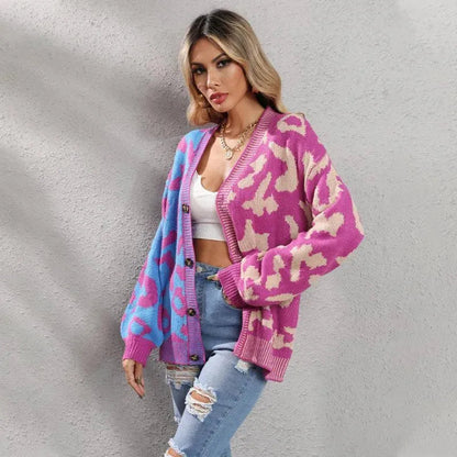 Stilla | Style Leopardmønster Overdimensioneret Strikstrikjakke Pulloveren