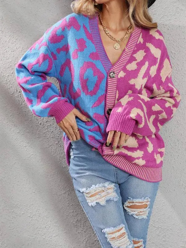 Stilla | Style Leopardmønster Overdimensioneret Strikstrikjakke Pulloveren