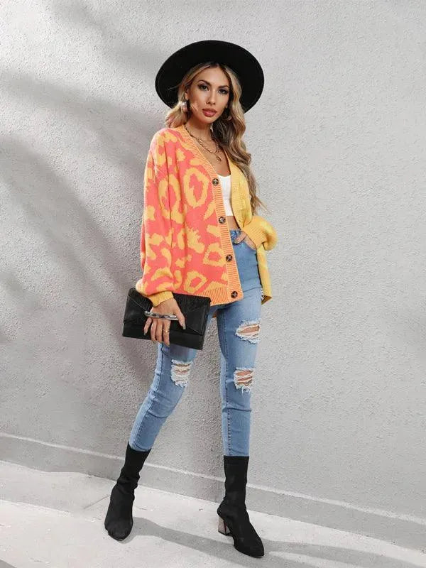 Stilla | Style Leopardmønster Overdimensioneret Strikstrikjakke Pulloveren