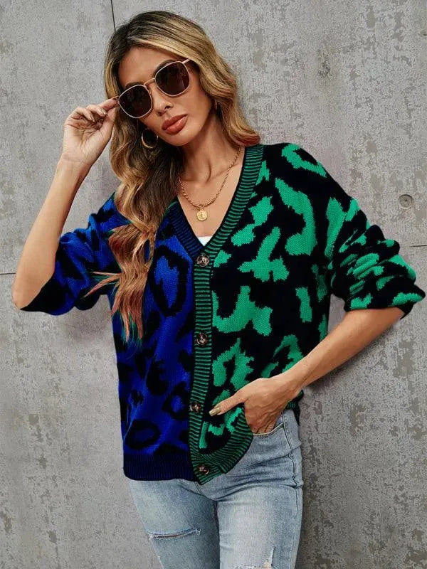 Stilla | Style Leopardmønster Overdimensioneret Strikstrikjakke Pulloveren