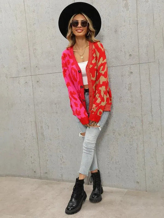 Stilla | Style Leopardmønster Overdimensioneret Strikstrikjakke Pulloveren