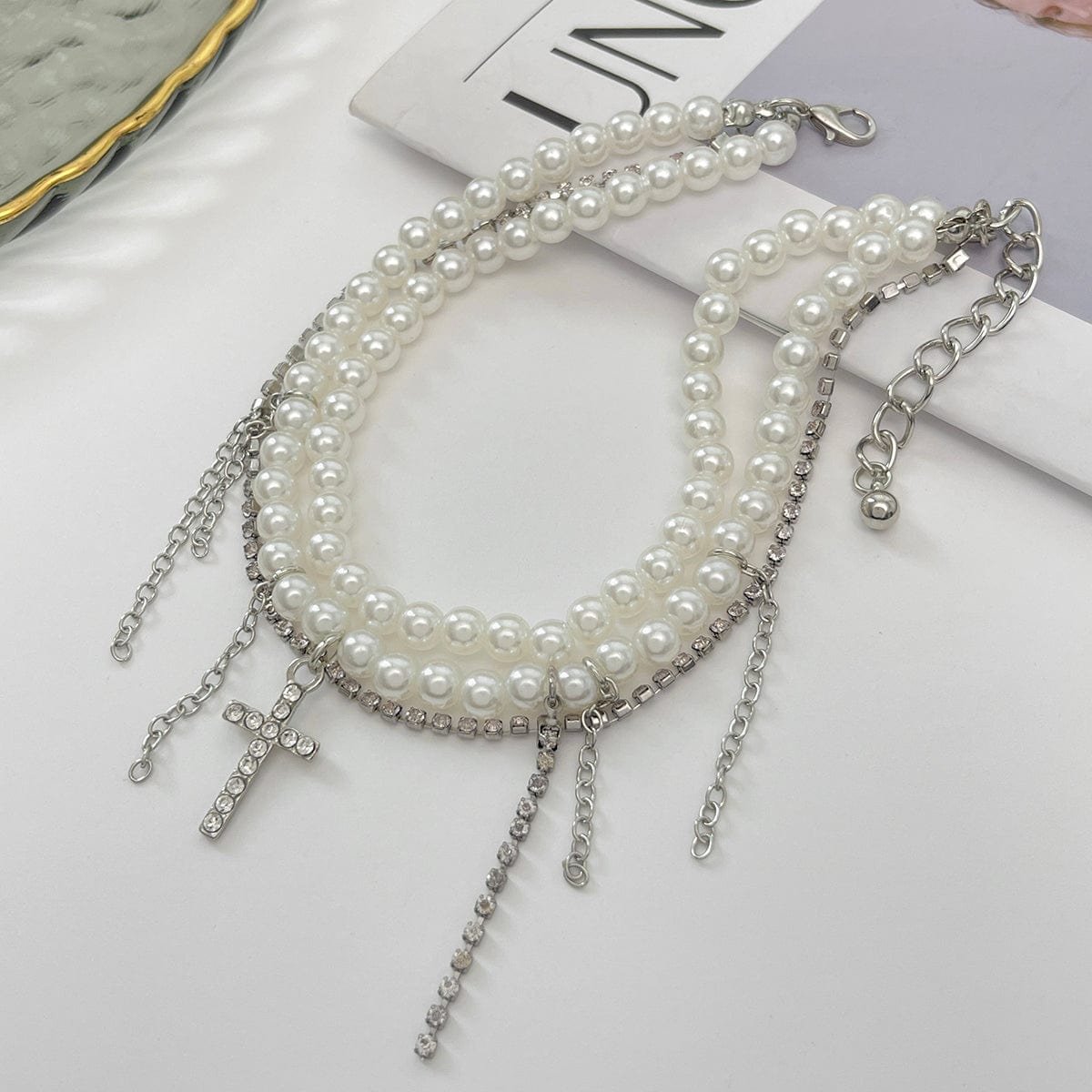Trendy Lagdelt Rhinestone Indlagt Kryds Tassel Perlekæde Anklet