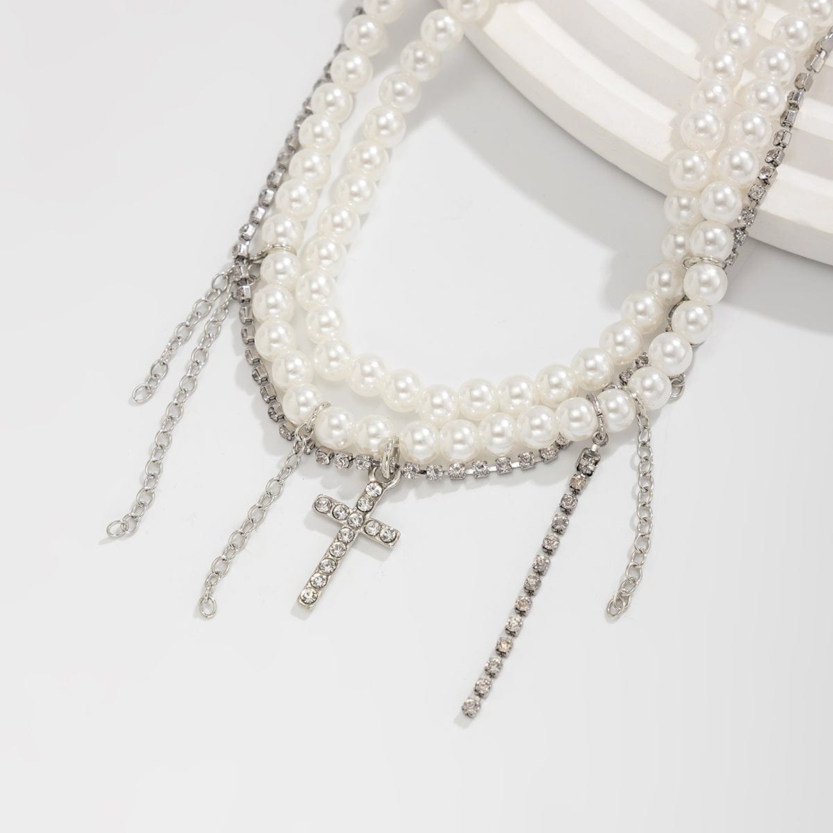 Trendy Lagdelt Rhinestone Indlagt Kryds Tassel Perlekæde Anklet