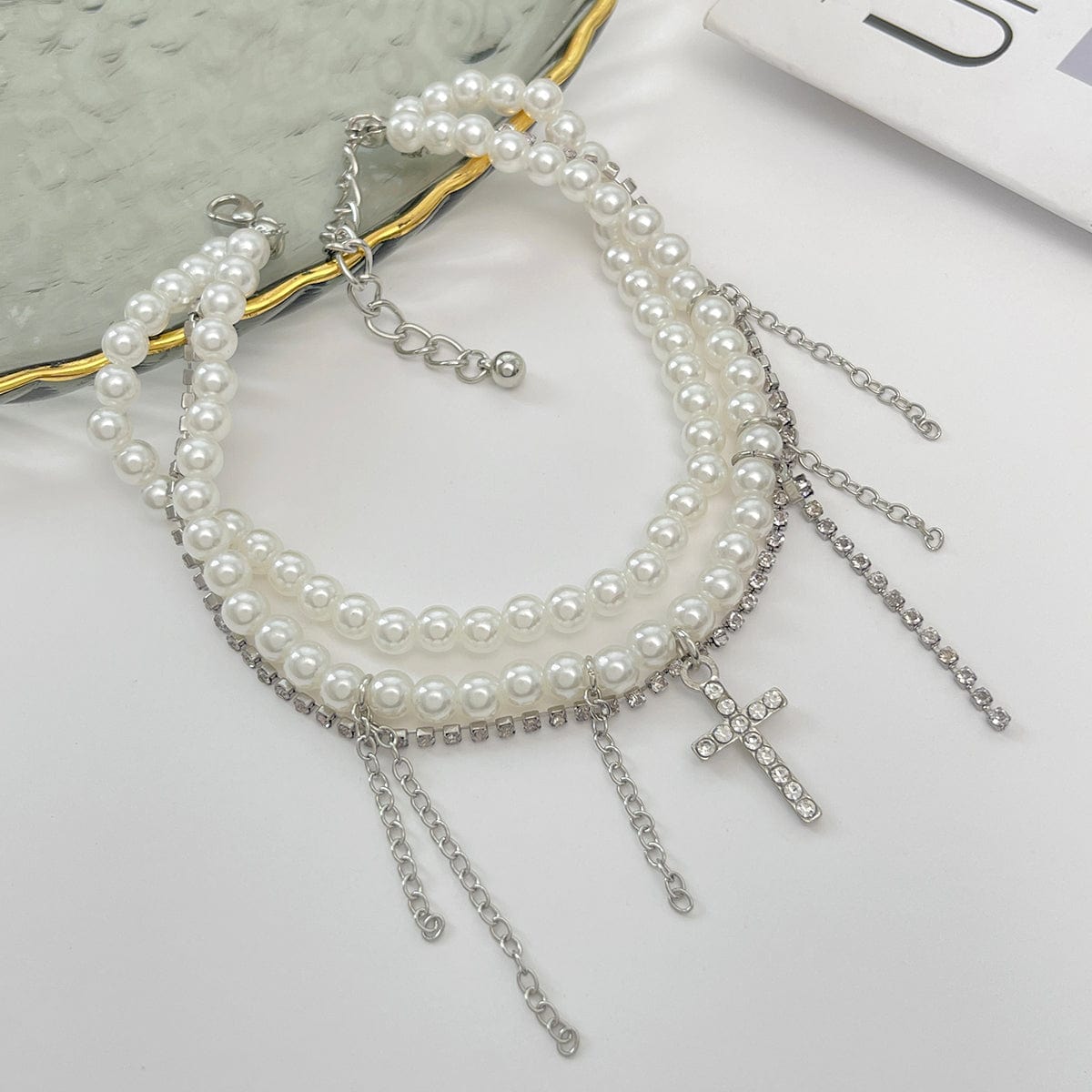 Trendy Lagdelt Rhinestone Indlagt Kryds Tassel Perlekæde Anklet