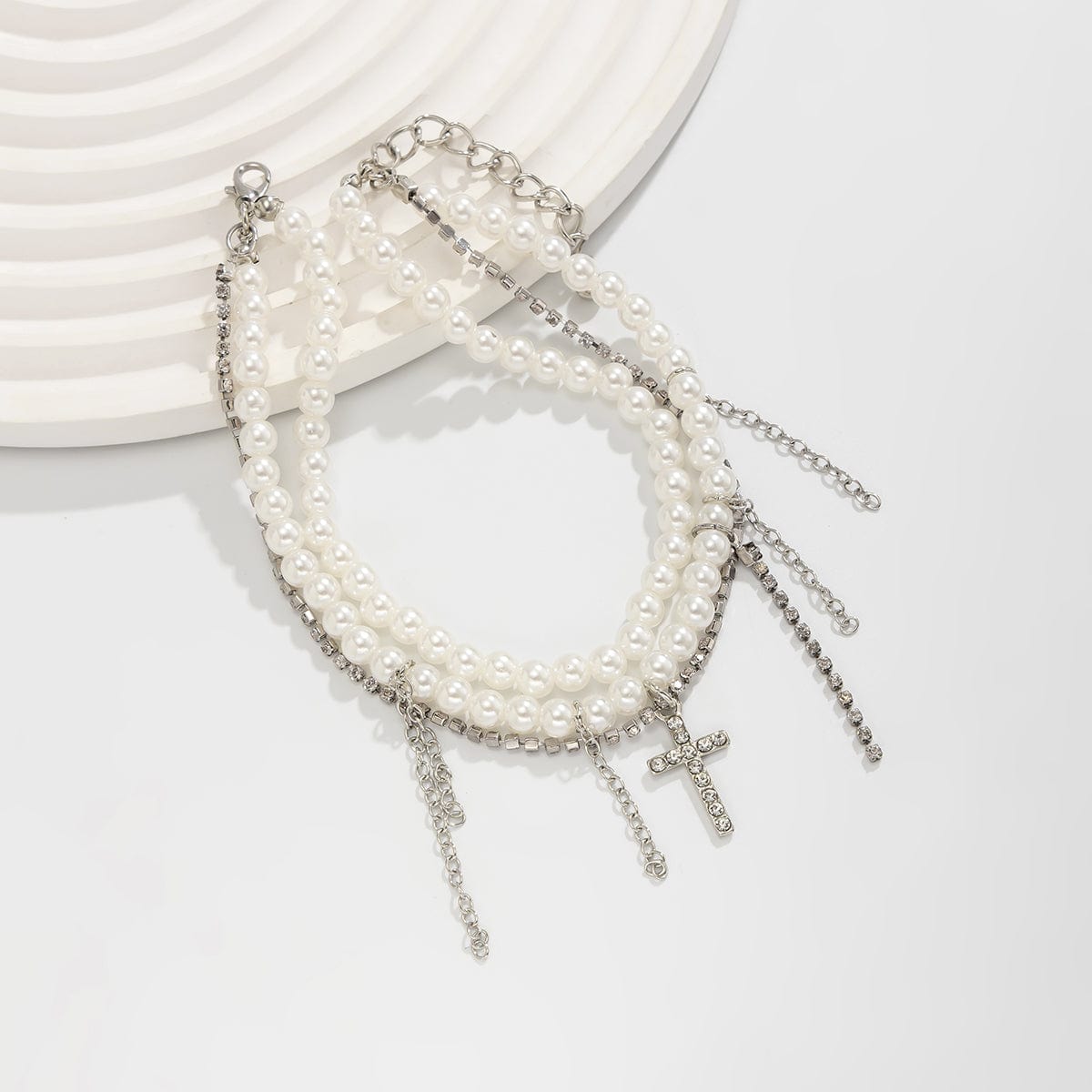 Trendy Lagdelt Rhinestone Indlagt Kryds Tassel Perlekæde Anklet