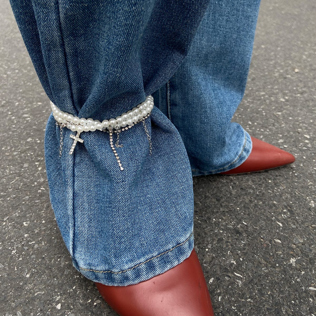 Trendy Lagdelt Rhinestone Indlagt Kryds Tassel Perlekæde Anklet