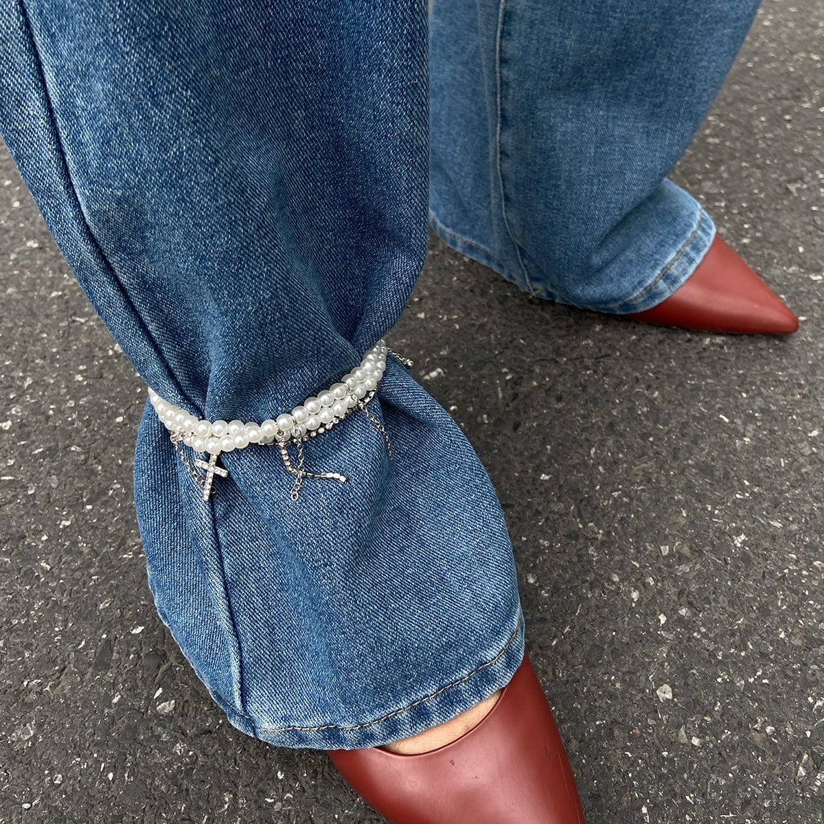 Trendy Lagdelt Rhinestone Indlagt Kryds Tassel Perlekæde Anklet