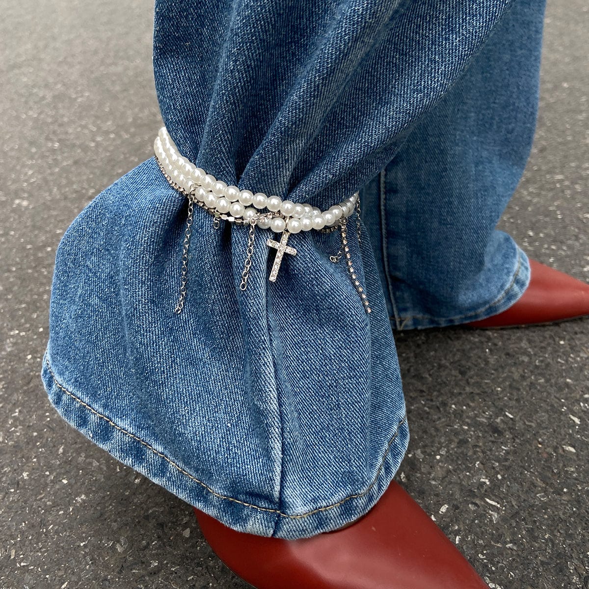 Trendy Lagdelt Rhinestone Indlagt Kryds Tassel Perlekæde Anklet