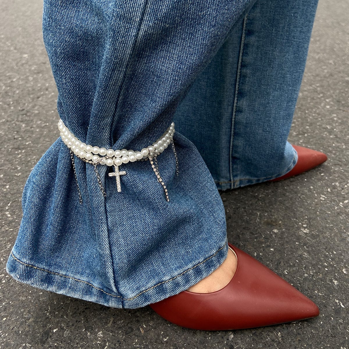 Trendy Lagdelt Rhinestone Indlagt Kryds Tassel Perlekæde Anklet
