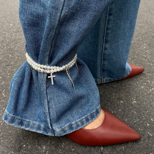 Trendy Lagdelt Rhinestone Indlagt Kryds Tassel Perlekæde Anklet