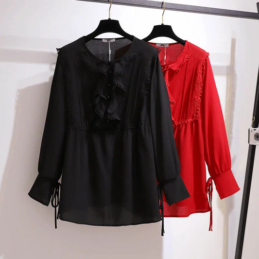 Stilla | Kvinders 5 9xl Bluse Mode Designer Chiffon Langærmede Toppe (plus Størrelse)